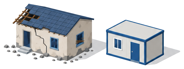 被災した建物と応急仮設の小屋のイラスト