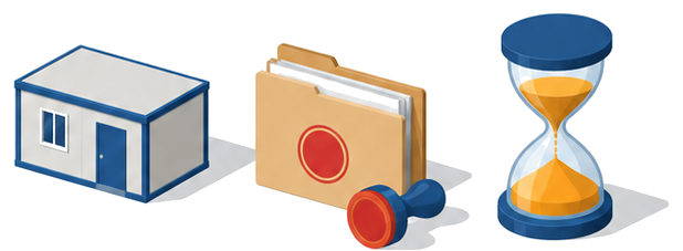 仮設の建物と許可書類と砂時計のイラスト