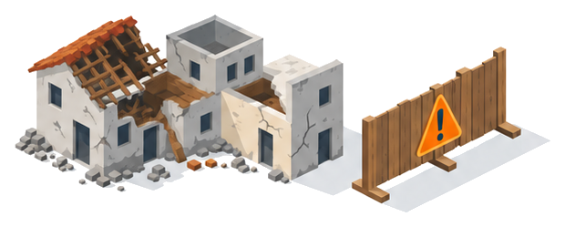 被災した建物と工事を止める柵のイラスト