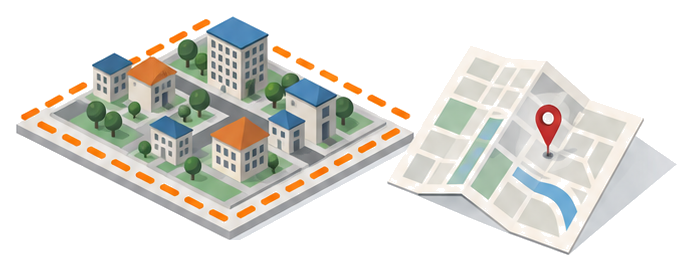 区域を囲んだ市街地の地図と都市計画図のイラスト