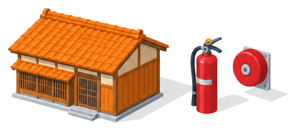 木造建築の屋根と外壁と消火器のイラスト