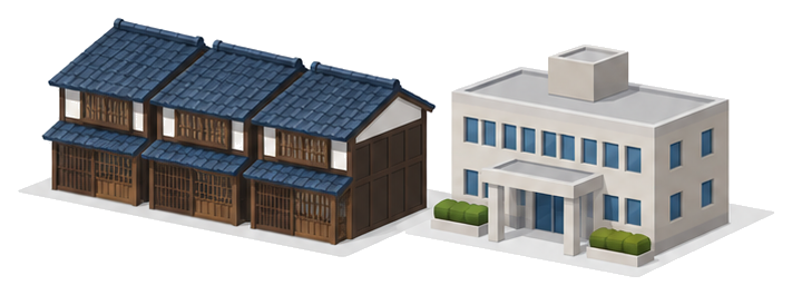 連なる伝統的な木造の町家と小さな役所のイラスト