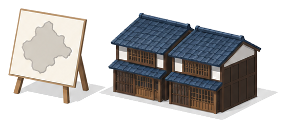 町並みの区域を示す地図の板と二軒の町家のイラスト