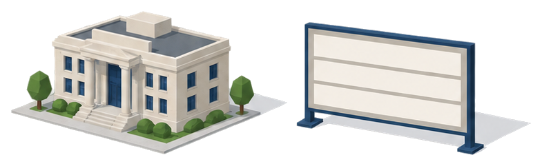 小さな役所の建物と三つの空欄がある審査板のイラスト