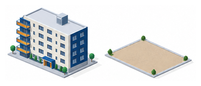 集合住宅の建物と敷地の図面のイラスト