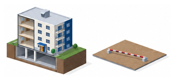 半分地面に埋まった地階のある建物の断面イラスト