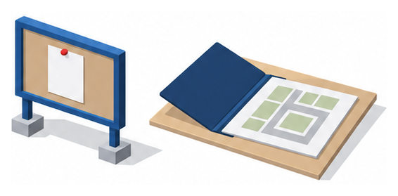公示板と敷地図を広げた書類のイラスト