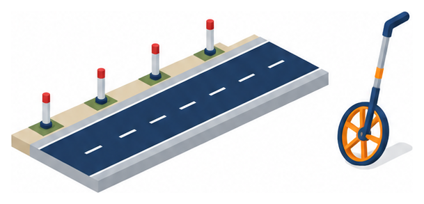 距離標の付いた直線道路と測定用の車輪のイラスト