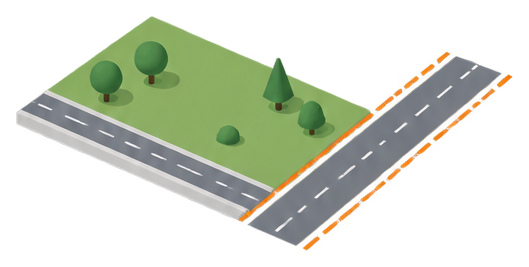 敷地の端に予定の道路の破線がかかる区画を上から見たイラスト