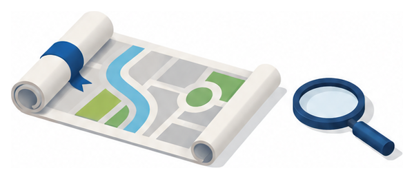 巻いた都市計画図と虫眼鏡のイラスト