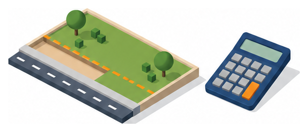 道路沿いの細長い帯を切り分けた敷地の図と電卓のイラスト
