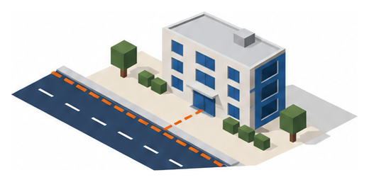 道路から後退した線を点線で描いた建物と敷地のイラスト
