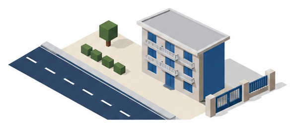 道路の境界線と壁面線の点線と後方に建つ低層の建物のイラスト