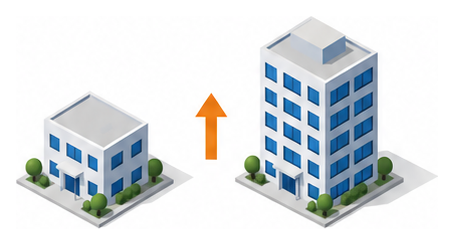 低い建物と高い建物とその間の上向きの矢印のイラスト