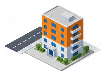 上階を橙色に塗った集合住宅と道路のイラスト