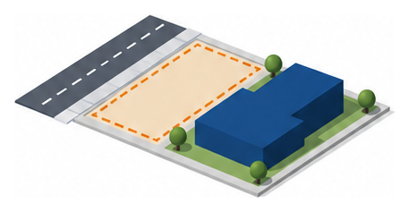 道路沿いの空地の区画と建物の配置を示す敷地図のイラスト