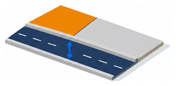 二つの区画に分かれた敷地の前に広い道路と測定矢印を描いたイラスト