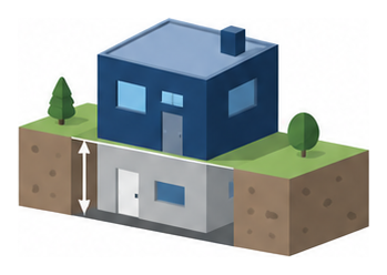 半分だけ地下に埋まった建物の断面と地面の線のイラスト