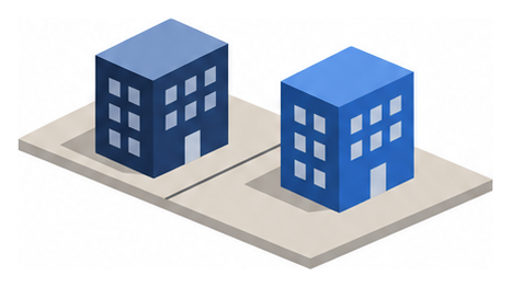 共通の土台に並ぶ二つの建物のイラスト