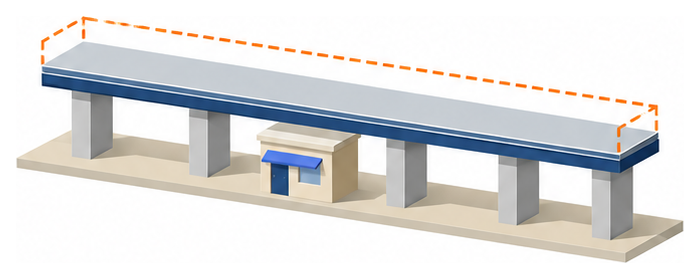 高架の橋と道路の上の小さな建物のイラスト