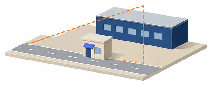 道路の上に立つ派出所と公衆便所のイラスト