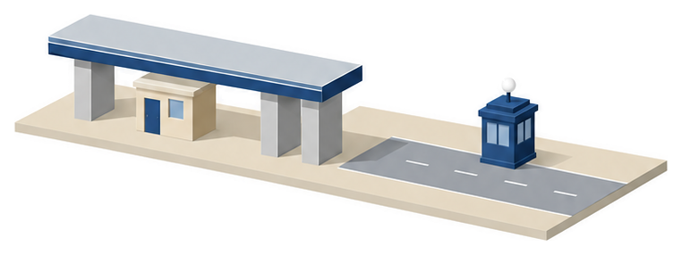 二つの建築物と斜めの点線と定規のイラスト
