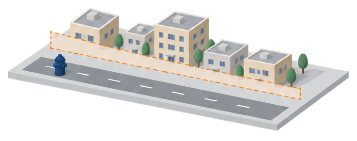 道路沿いの壁の線から後ろに下がって並ぶ建物のイラスト