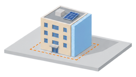 外壁に断熱材の層を足した建物と元の輪郭の点線のイラスト