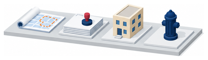 地区計画の地図と条例の書類と建物のイラスト