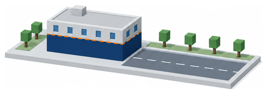 道路沿いに立つ建物の低い部分の壁のイラスト