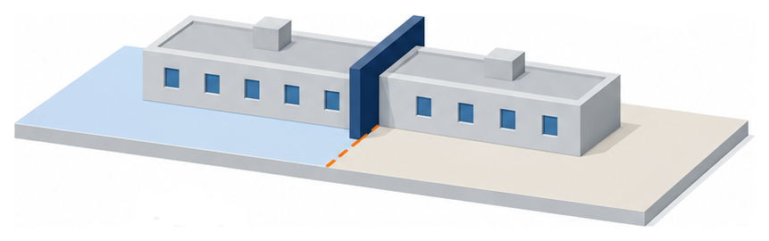 区域の境界線をまたいで建つ建物と壁のイラスト