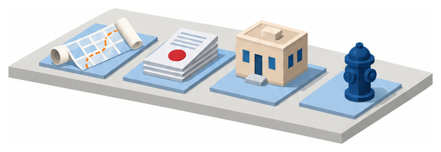地区計画の地図と書類と建物のイラスト