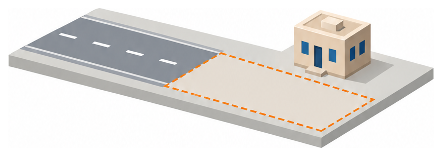 道路と点線の予定地と建物のイラスト