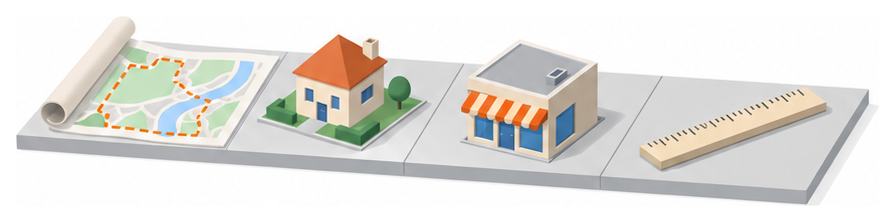 地図と書類と小さな店舗のイラスト