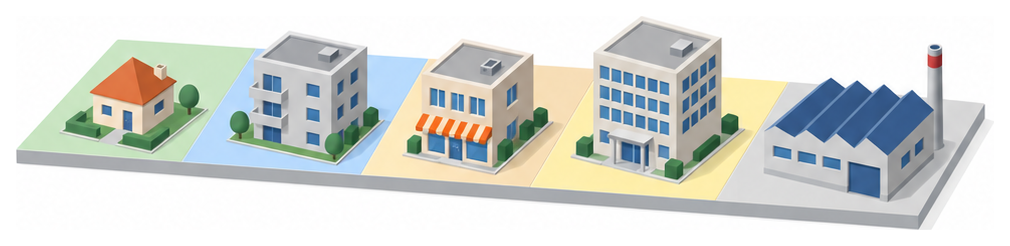 色分けされた地図と建物のイラスト