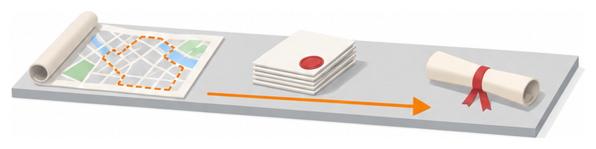 書類に押される承認印と地図のイラスト
