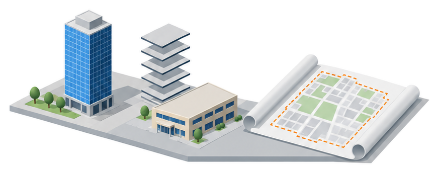 高層の建物と重ねた床板と地図のイラスト