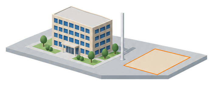 中層の建物と高さを測る棒と敷地の輪郭のイラスト