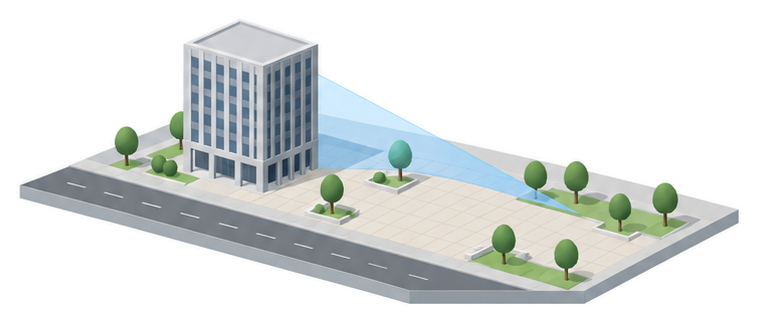 広場と建物と許可の書類のイラスト