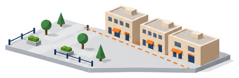 広い広場と低い建物と細い測定棒のイラスト
