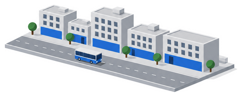 低い敷地の建物と段差のある広場と測定棒のイラスト