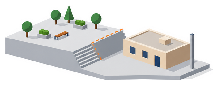 幅の広い道路と並んだ中層の建物と測定棒のイラスト
