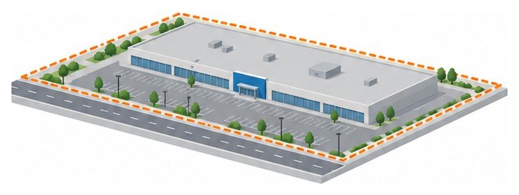広い平屋の商業施設と駐車場と敷地の破線のイラスト
