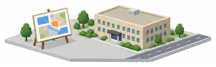 計画図の板と中層の建物と小さな道路のイラスト