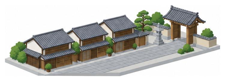 瓦屋根の町家が並ぶ細い通りと石灯籠のイラスト