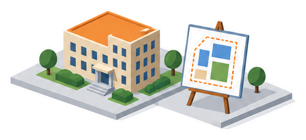 計画図の板と中層の建物と小さな道路のイラスト