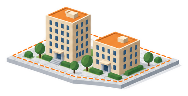二つの中層の建物と広場と小さな道路のイラスト