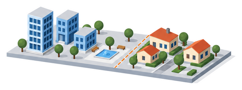 区域が二つに分かれた街区と中層の建物と低い住宅のイラスト