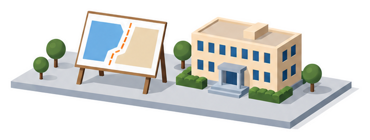 計画図の板と中層の建物のイラスト