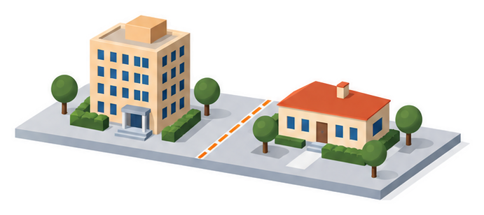 背の高い建物と低い建物が並ぶ二つの敷地のイラスト